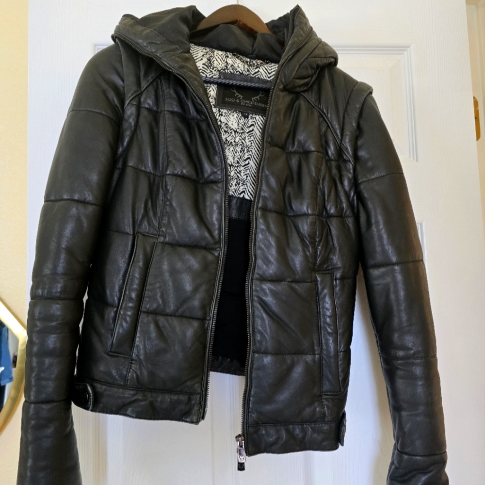 $895 BOD & CHRISTENSEN Black Puffer Bomber Leather Vest Hoody Jacket XS  ❤